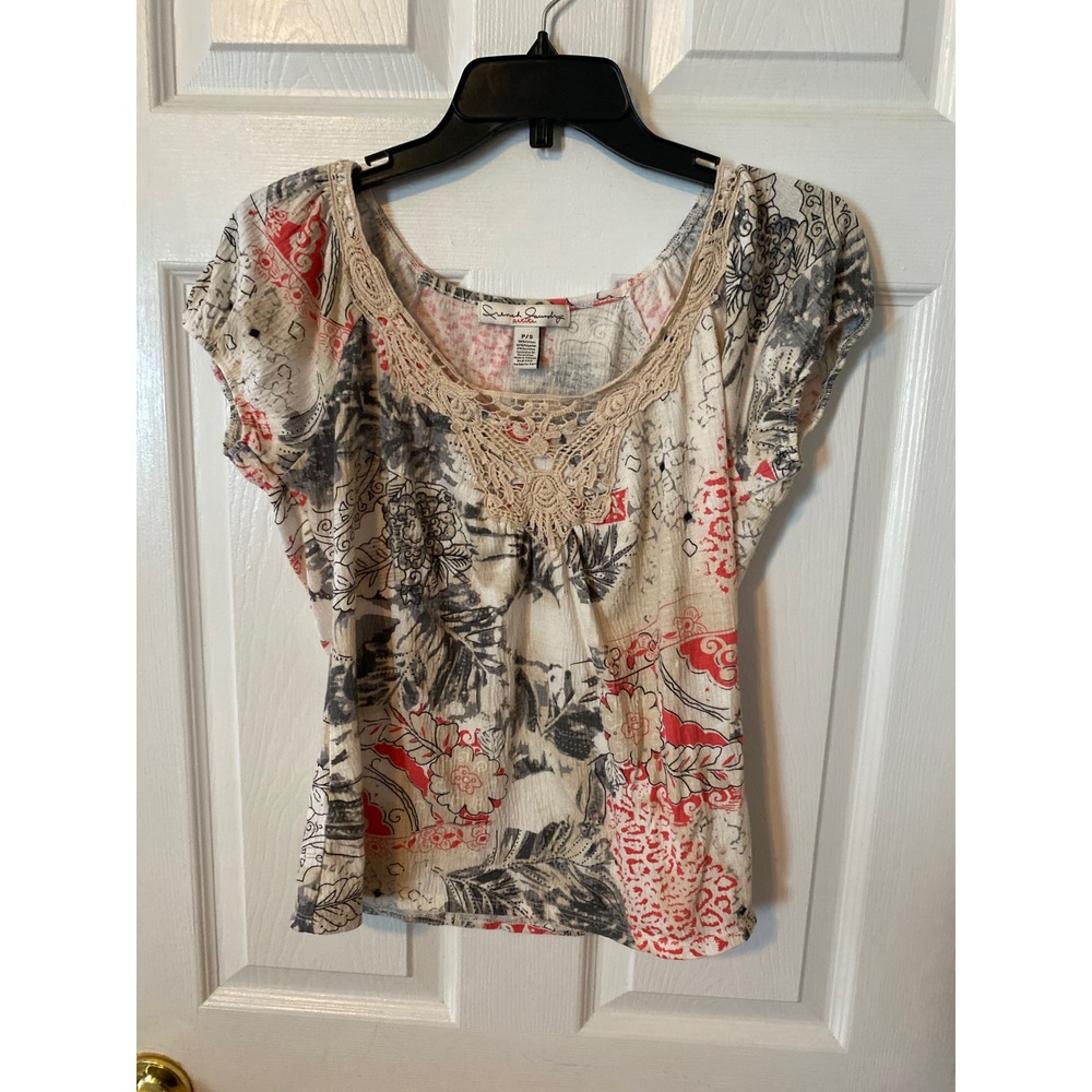 French Laundry Petite Womens Short Sleeve Floral Animal Print Crochet Top PS Red